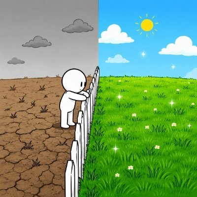 Character looking over a fence at greener grass on the other side